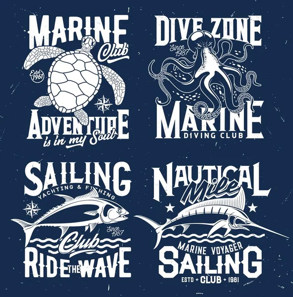 Tshirt prints with underwater animals vector , octopus, turtle, tuna fish and marlin. Scuba diving or fishing club mascots, ocean creatures and grunge typography on blue background, t shirt emblems