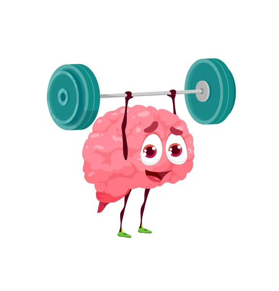 バーベルと漫画の人間の脳の文字 朗らかな脳の性格は 重量を持ち上げることによって訓練を行う 心と記憶の訓練 知性と創造力の開発 健康の概念 — ストックベクタ