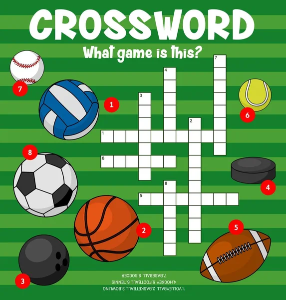 Sportbälle Kreuzworträtsel Arbeitsblatt Wort Finden Vektor Quiz Spiel Gitter Kinder — Stockvektor