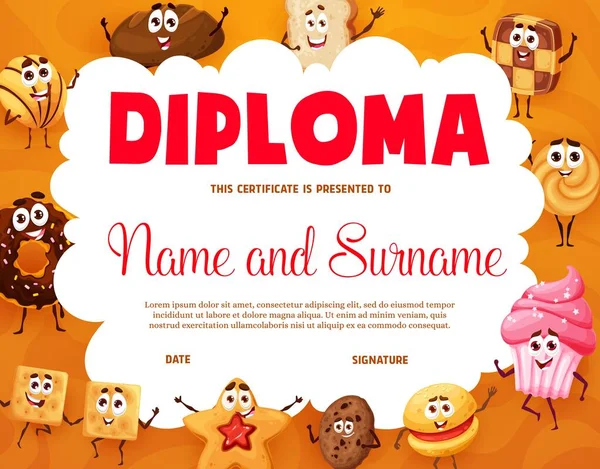 Diploma Bambini Con Panetteria Cartoni Animati Biscotti Dolci Biscotti Diploma — Vettoriale Stock