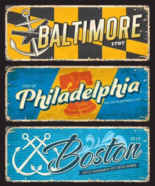 Boston Baltimore Filadelfia Amerykańskie Miasta Talerze Naklejki Podróżnicze Stany Zjednoczone — Wektor stockowy