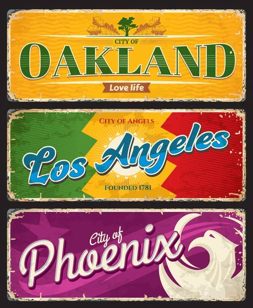 Oakland Los Angeles Phoenix Amerikaanse Steden Borden Reisstickers City Grunge — Stockvector