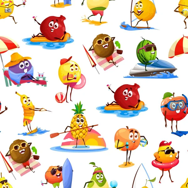 Cheerful Fruits Characters Summer Vacation Seamless Pattern Vector Background Funny — Stock Vector