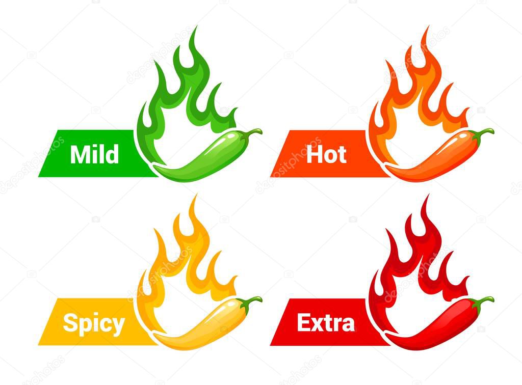 Hot spicy level labels with fire flames and peppers, mild, medium and extra hot spicy vector scale. Food spicy taste level icons with burning flame of chili pepper, jalapeno or tabasco sauce