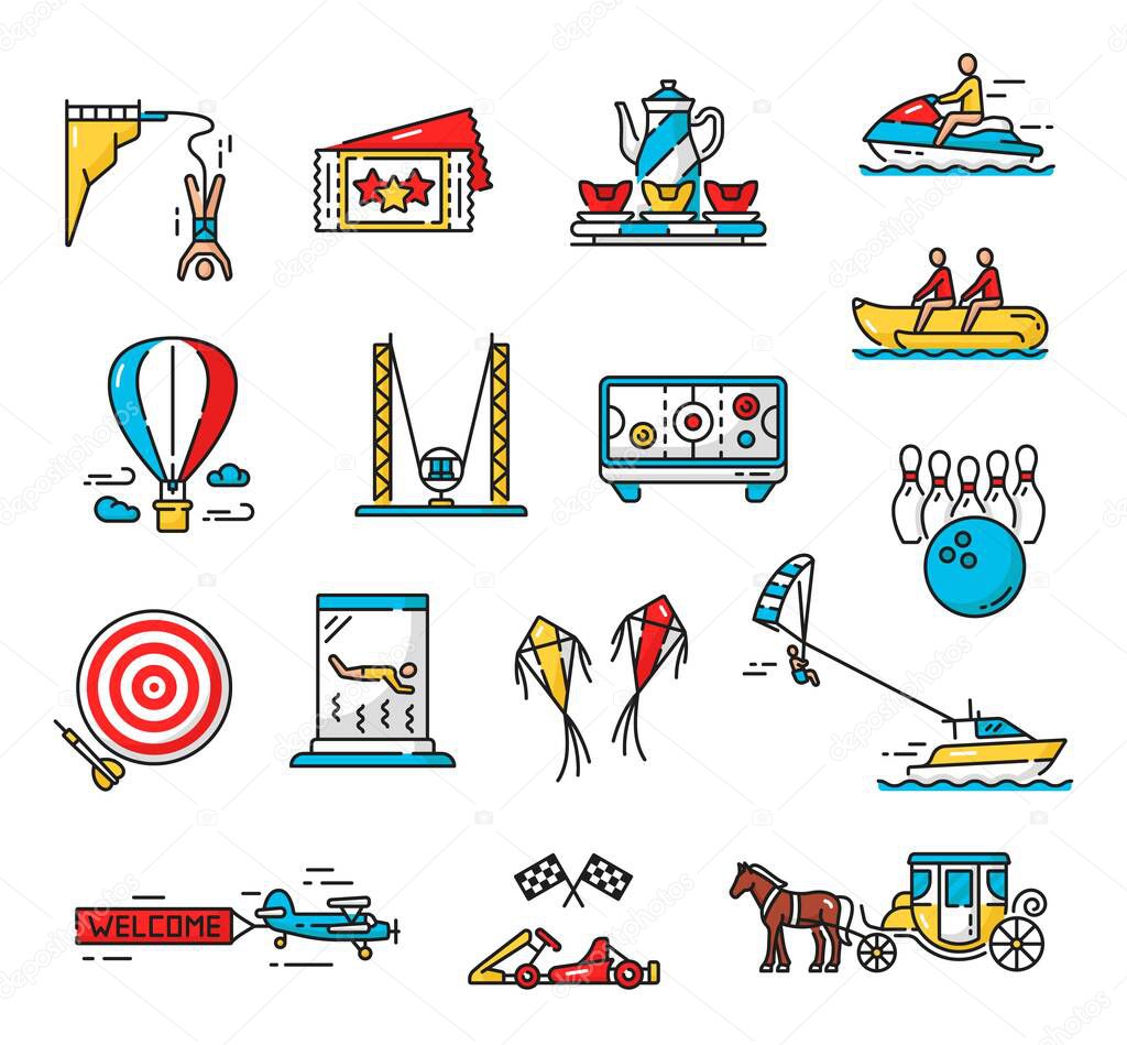 Amusement park playground and funfair extreme activity carousels, vector color outline icons. Amusement park rides and water attractions, bungee jumping, karting or parasailing and banana boat