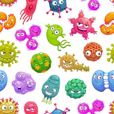 Çizgi film komik virüsler, mikroplar, mikroplar ve bakteriler dikişsiz kalıplar. Mikrobiyoloji tasarımı, mikroskobik hücreler ve hastalıkların patojenleri için sevimli mikroorganizma ve bakteri karakterleri vektör arkaplanı