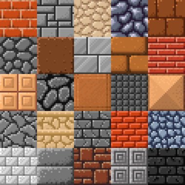 Döşeme, taş tuğla veya porselen taş kaplama ve mermer çatı kiremitleri, vektör retro 8bit piksel sanat. 8 bit piksel küp tuğla, kaya çakıl ya da beton duvar bloklarının oyun yüzey desenleri