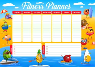 Yaz tatilinde çizgi film meyveleriyle birlikte haftalık fitness planlama takvimi. Deniz sahili arka planında mango, karpuz, şeftali karakterli vektör takvimi, hedef ve yapılacaklar listesi
