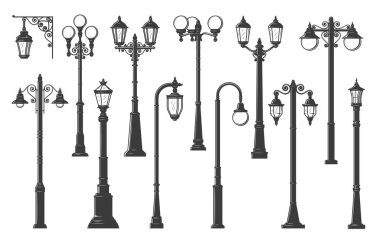 Sokak lambaları, sokak lambaları, sokak lambaları, klasik sokak lambaları, vektör izole sokak lambaları. Şehir aydınlatması, gaz lambaları ve eski ampuller için gaz direkleri veya fener direkleri