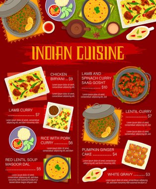 Hint mutfağı eti ve vejetaryen yemekleri menü şablonu. Biryani tavuğu, kuzu eti ve pirinçli domuz eti çorbası, Saag Gosht ıspanağı ve mercimek körisi, kabaklı zencefilli kek, beyaz soslu vektör.