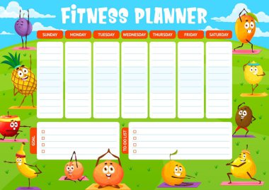 Yogada çizgi film meyveleri, haftalık fitness programları. Eğitim hedefleri ve yapılacaklar listesi, sağlıklı elma, portakal, mango, limon ve şeftali karakterli vektör takvimi veya çalışma takvimi