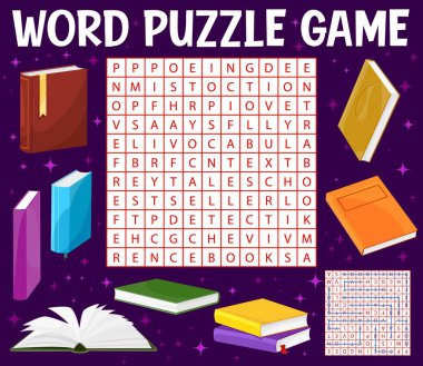 Kitaplar ve edebiyat, kelime araması yapboz çalışma tablosu, vektör test ızgarası. Çocukların eğitimi bilmece oyunudur. Şiir, roman ya da peri masalı ve kelime hazinesi olan dedektiflerle sevgi dolu sözcükleri aramak için.