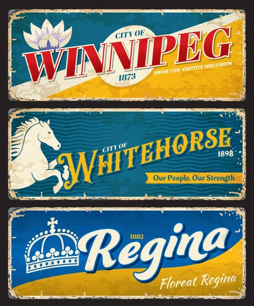 Winnipeg Whitehorse Regina Canadese Steden Borden Reisstickers Canada Reis Souvenir — Stockvector