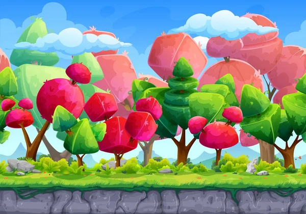 卡通奇幻游戏场景与地面石头 森林树木和山地病媒背景 坎迪地奇幻异形世界的世界风景 有着童话般的树木和云彩 — 图库矢量图片