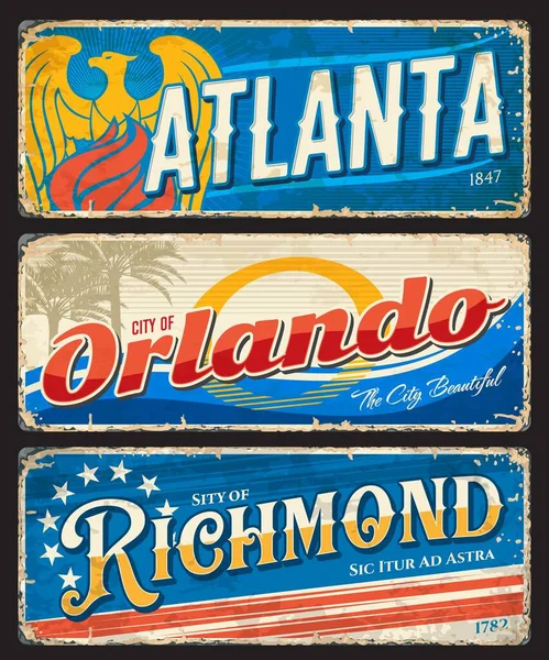 Atlanta Orlando Richmond Villes Américaines Plaques Autocollants Voyage Usa Ville — Image vectorielle