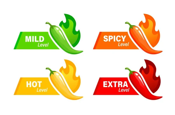 Etiquetas Nivel Picante Caliente Alimentos Salsa Especias Vectoriales Con Indicadores — Vector de stock