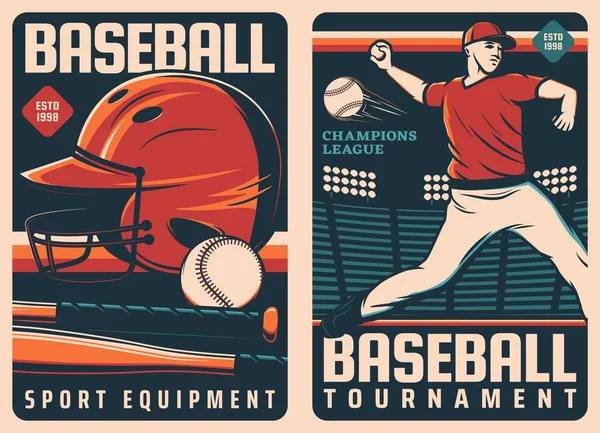 Baseball Sportovní Retro Plakáty Vektorovými Míčky Netopýry Nadhazovač Základně Diamantového — Stockový vektor