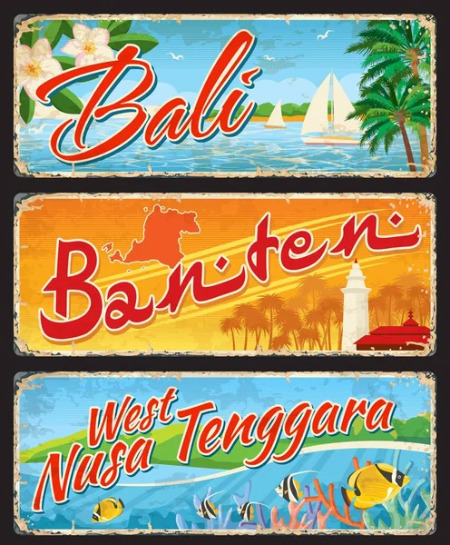 Bali Banten West Nusa Tenggara Indonesiana Targhe Viaggio Adesivi Indonesia — Vettoriale Stock