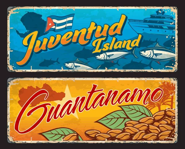 Las Regiones Cubanas Isla Juventud Guantánamo Vectoran Placas Viaje Pegatinas — Archivo Imágenes Vectoriales