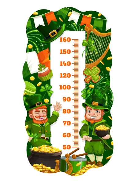 漫画Leprechansと金 ベクトル成長測定と子供の高さチャート 子供の高さ測定メートル赤ちゃん背の高いスケールとともにアイルランドのパトリックの日Leprechans 金のコイン アイルランドの旗とキャンディー — ストックベクタ