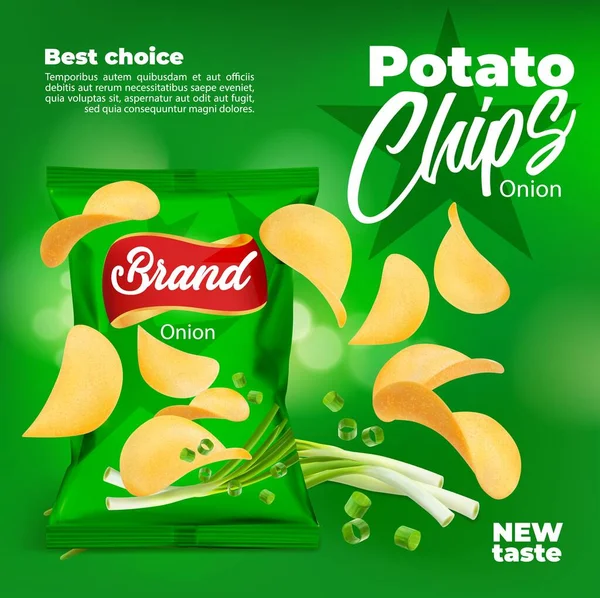 Gerçekçi Soğan Aromalı Patates Cipsi Abur Cubur Paketi Yeşil Çantalı — Stok Vektör