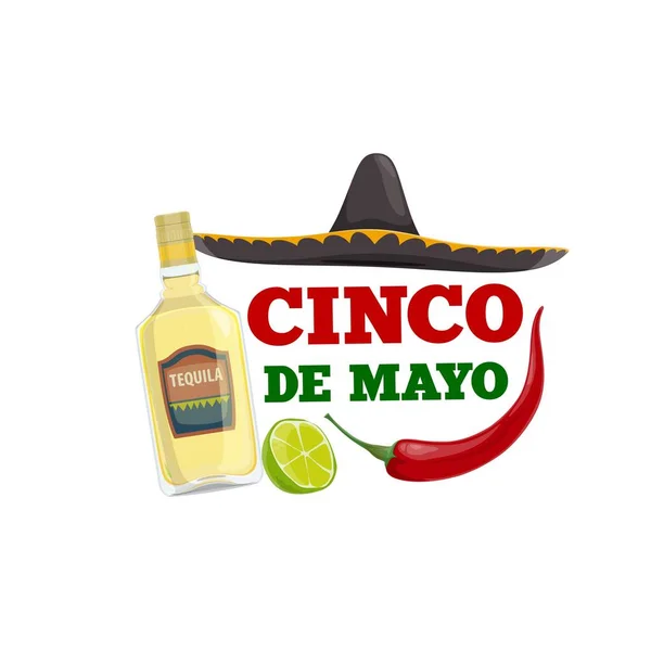 Cinco Mayo Tarjeta Felicitación Mexicana Tequila Sombrero Caricatura Pimiento Rojo — Archivo Imágenes Vectoriales