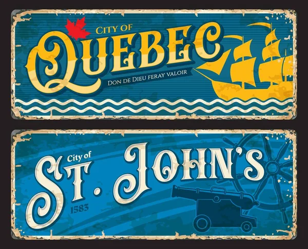 Quebec Johns Canadian Cidades Placas Adesivos Viagem Sinais Estanho Vetor — Vetor de Stock