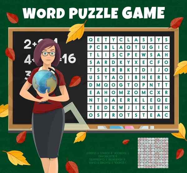 Lehrer Mit Globus Auf Wortsuche Quizspiel Arbeitsblatt Kinder Quiz Raster — Stockvektor