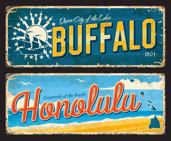 Buffalo Honolulu Amerikan Şehir Plakaları Seyahat Etiketleri Amerikan Yolculuğunun Teneke — Stok Vektör