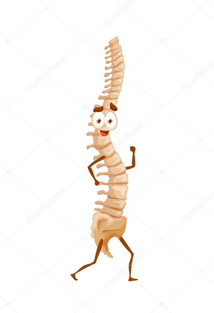 Human funny cartoon spine character, vector funny healthy backbone running exercises. Vertebra healthy lifestyle, sport, workout training. Chine anatomical personage, isolated skeleton spinal cord run