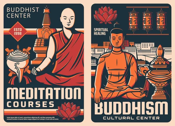 Religião Budista Cartazes Retro Centro Cultural Budista Cursos Meditação Posters — Vetor de Stock