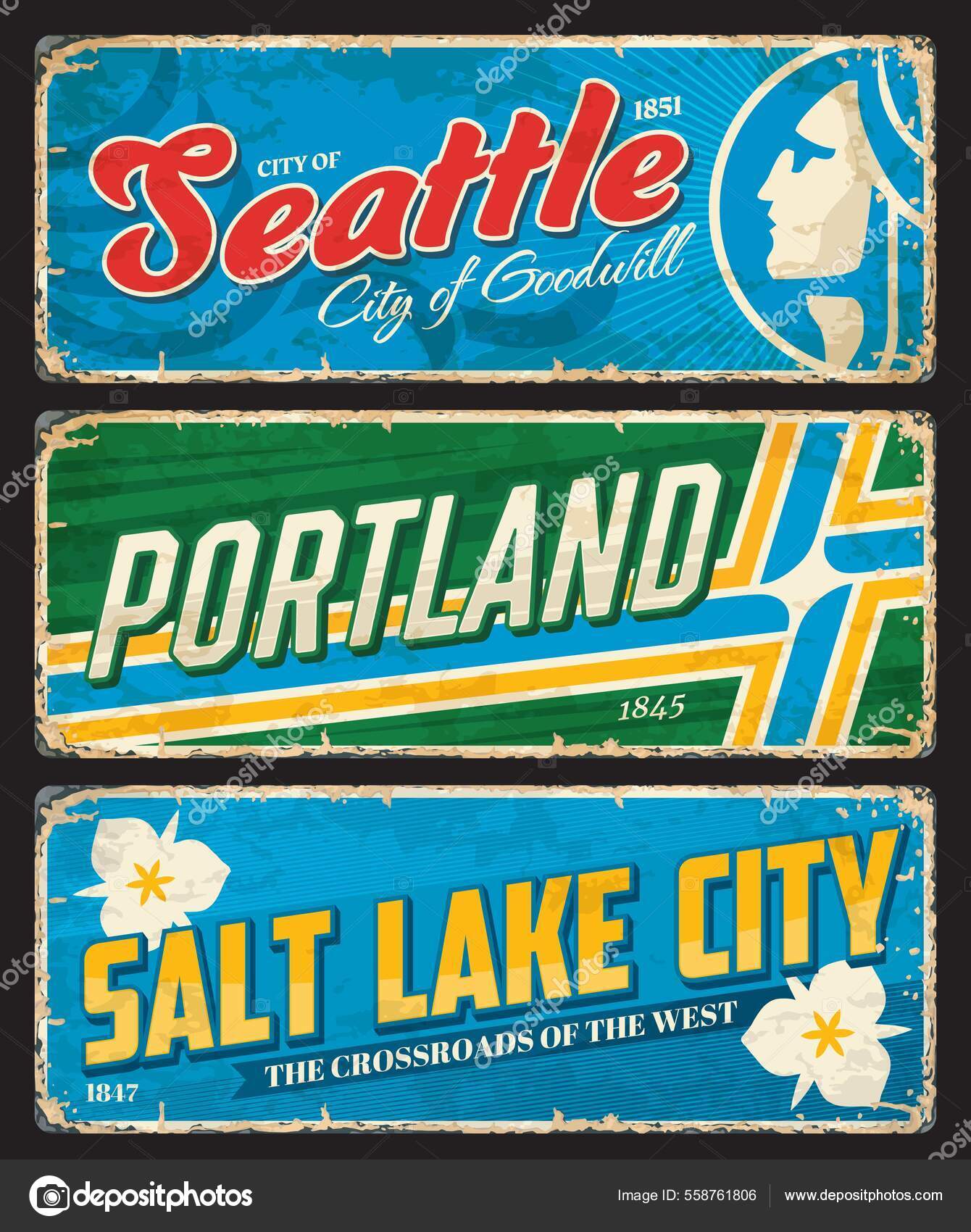 Plaques Autocollants Voyage Des Villes Américaines Seattle Portland Salt  Lake Vecteur par ©Seamartini 558761806