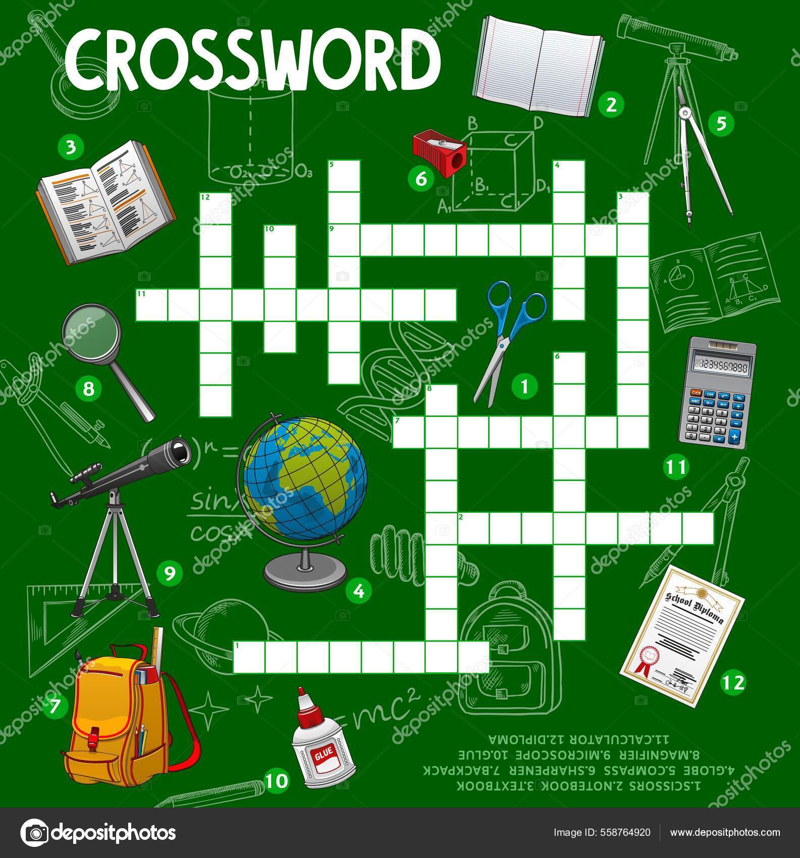 School Stationery Items Crossword Puzzle Game Grid Quiz Worksheet