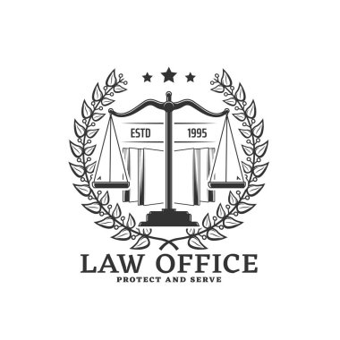 Defne çelengi ve adalet terazisiyle hukuk bürosu ikonu. Avukat servisi retro amblemi, avukat veya noter firması monokrom vektör damgası, adalet ve savunma şirketi rozeti