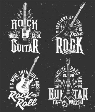 Gitarlı rock müzik tişörtü baskıları, heavy metal konser vektör amblemleri. Hard rock festivali ve rockçı müzik kulübü rozeti. Elektro gitarda, siyah grunge amblemlerinde sloganlar var.