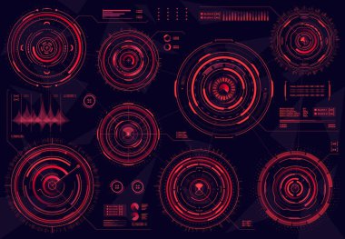 HUD fütüristik kırmızı dairesel ağ arayüz panelleri, bilim kurgu ve iş dünyasından görsel veriler, vektör. HUD teknoloji grafikleri, UI ekran elemanları veya dijital grafik şemaları ve sanal gösterge paneli