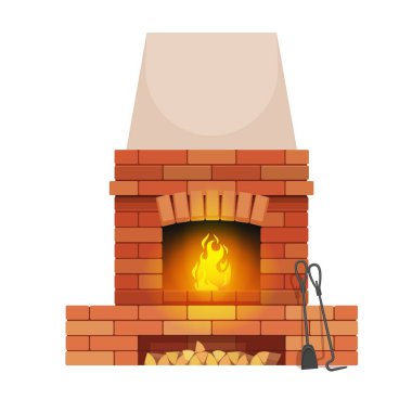 Brickstone şöminesinde odun parçaları ve ateş çukuru aletleri var. Klasik şömine, izole edilmiş vektör açık ocak, yanan ateş, poker sopası ve kürekli ev ısıtma ekipmanları.