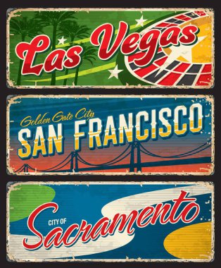 Las Vegas, San Francisco ve Sacramento Amerikan şehir plakaları ve seyahat etiketleri. ABD seyahat klasik plakaları, Amerika Birleşik Devletleri şehir vektör kalay işareti ile kumarhane ruleti, Golden Gate Köprüsü