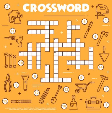 İnşaat, DIY ve tamir araçları çapraz bulmaca çalışma tablosu, vektör bulma kelime testi oyunu. Ahşap marangozluk aletleri ve duvar aletleri, çekiç, İngiliz anahtarı ve matkap kelimelerini tahmin etmek için çapraz kelime bulmacası
