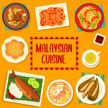 Malezya mutfağı menü kapağı sayfa tasarımı. Balık köri, acılı karides ve şehriye çorbası Soto Ayam, Bak Kut Teh, Kuih Bakar Pandan turtası ve balıkla doldurulmuş kırmızı biber, Hindistan cevizi kabuklu ızgara balık.