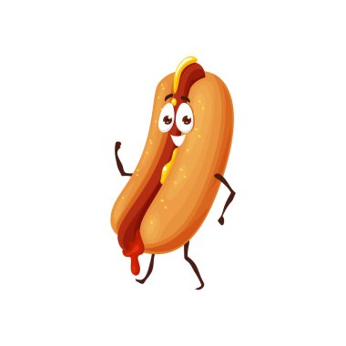 Çizgi film fast food sosisli sandviç karakteri, vektör sosisli sandviç ekmeği. Hardallı, ketçaplı, bonibon restoranlı ya da çocuk menüsündeki lezzetli gülümseyen sandviçli şirin sosisli sandviç.
