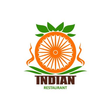 Dhama çarklı Hint mutfağı ikonu. Hinduizm veya Budizm dini Dharmachakra sembolü ve tipografisi olan Hint restoranı veya kafe vektör amblemi veya minimalist simge