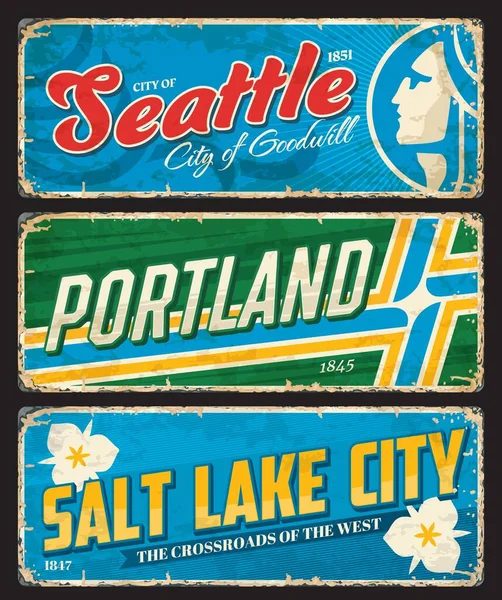 Seattle Portland Salt Lake City Città Americane Targhe Adesivi Viaggio — Vettoriale Stock