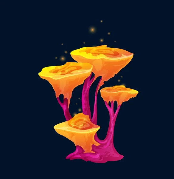 キラキラとファンタジー魔法の毒性黄色のキノコ 奇妙ならせん状の光るキャップとベクトル発光真菌 明るい輝きの帽子を持つ珍しいおとぎ話のUiゲーム資産 天然のGui要素 漫画奇妙な植物 — ストックベクタ