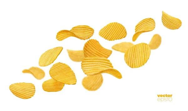 Fallende Knusprige Kartoffelchips Vector Knusprige Snackstücke Fallen Bewegung Köstliche Lebensmittelwerbung — Stockvektor