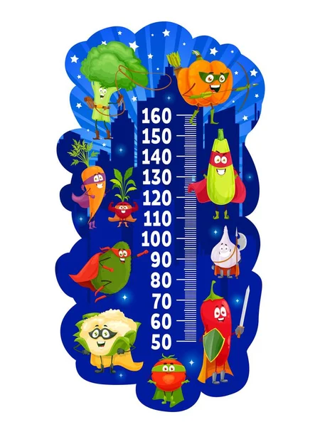 Kinder Höhendiagramm Cartoon Gemüse Superhelden Wachstumsvektormeter Kinder Messen Lineal Auf — Stockvektor