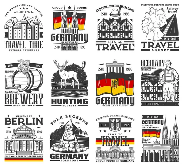 Ikony Niemiec Podróże Symbole Wektorów Kultury Zabytki Zamek Gotycki Kościół — Wektor stockowy