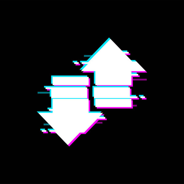 Стрелки, указывающие в противоположных направлениях, вверх по изолированным навигационным указателям с эффектом глюка. Векторные кнопки воспроизведения компьютера, курсоры с неисправностью дисплея, неполадки с цифровым шумом