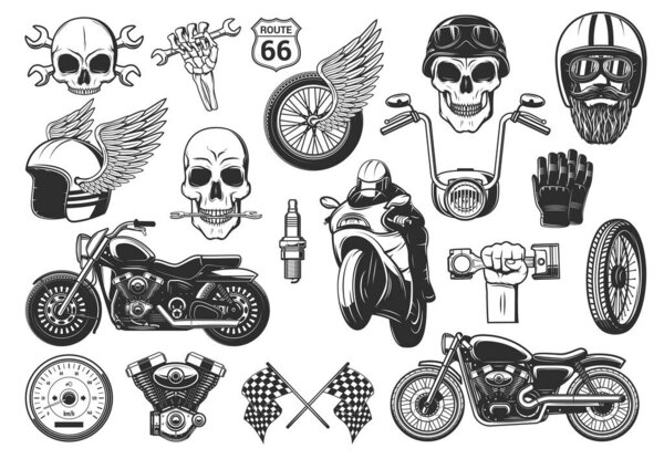 Motorcycle riding and racing engraved icons set. Biker or motorsport racer on sport bike, retro choppers motorbike, engine piston, spark plug and speedometer, skull in helmet and winged wheel vector