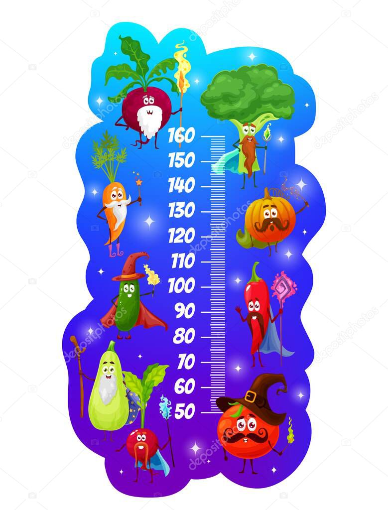 Kids height chart. Magicians and wizards, cartoon vegetables, vector growth meter. Kids height chart scale with tomato and cucumber wizards, pumpkin and pepper, broccoli, radish and carrot mages
